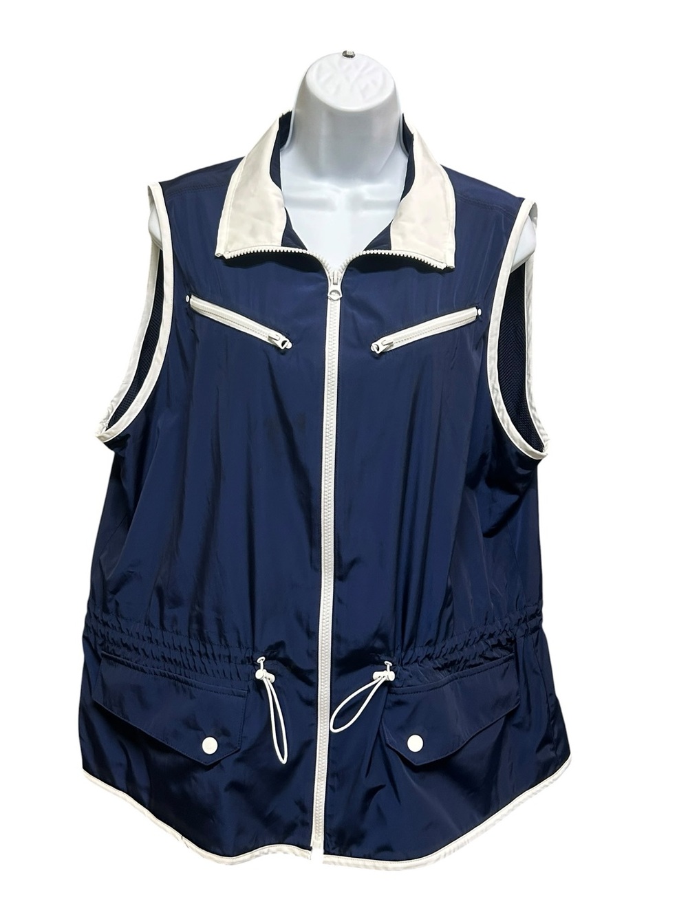 Alia Navy Blue Zip Up Windbreaker Mesh Lining Cinch Waist Vest Plus Size 16